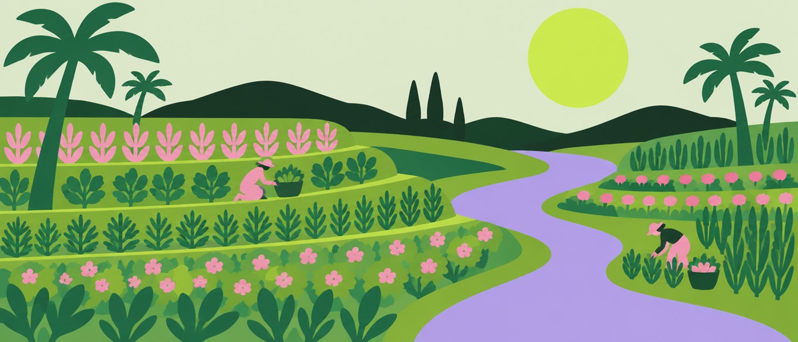 Cut-paper illustration of herb fields beside a river