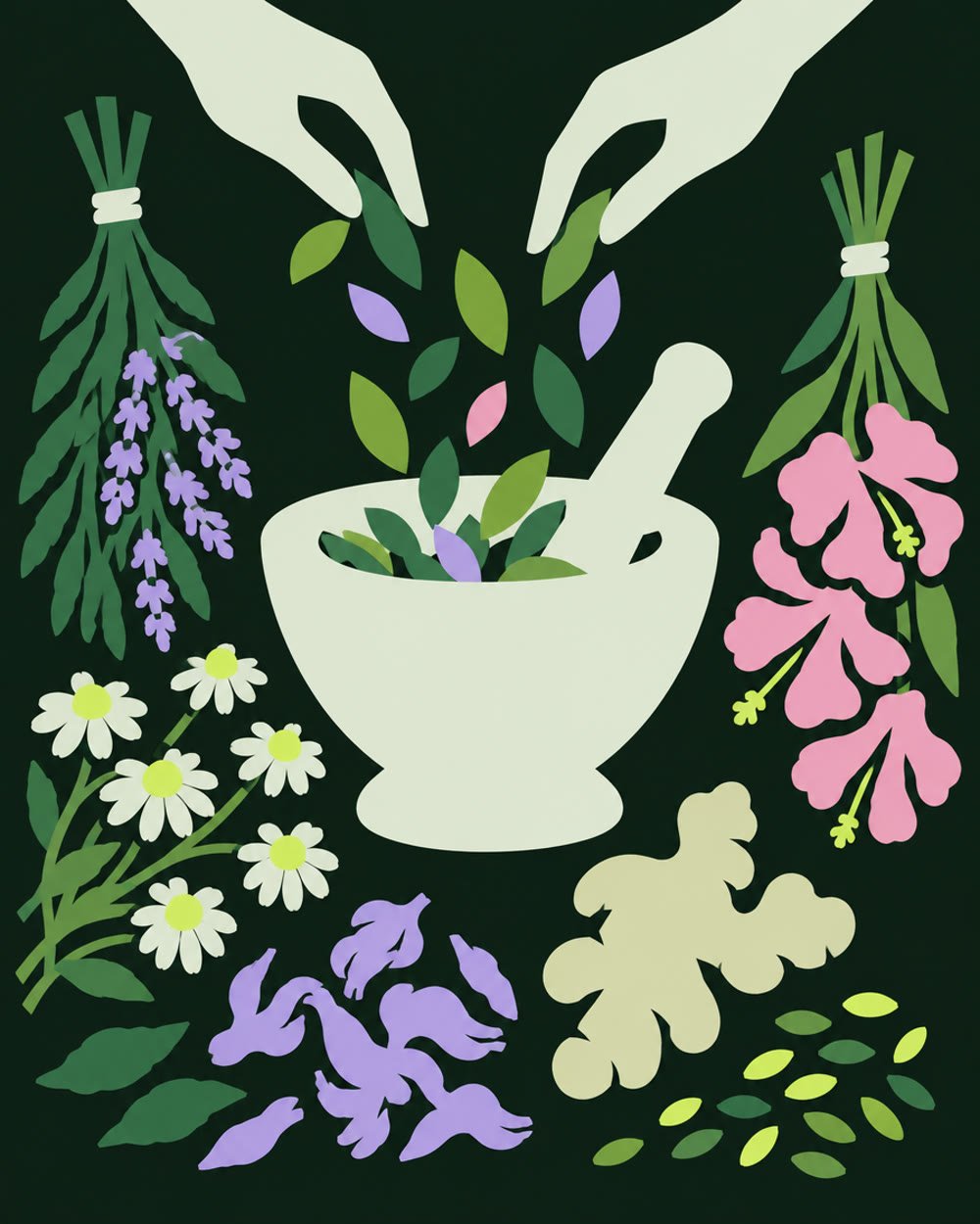Cut-paper illustration of hands adding herbs to a mortar